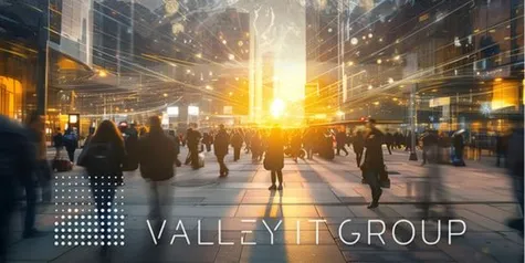 Stadt mit Leuten und das Logo von Valley IT Group