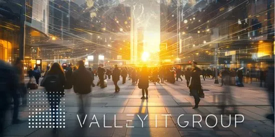 Stadt mit Leuten und das Logo von Valley IT Group